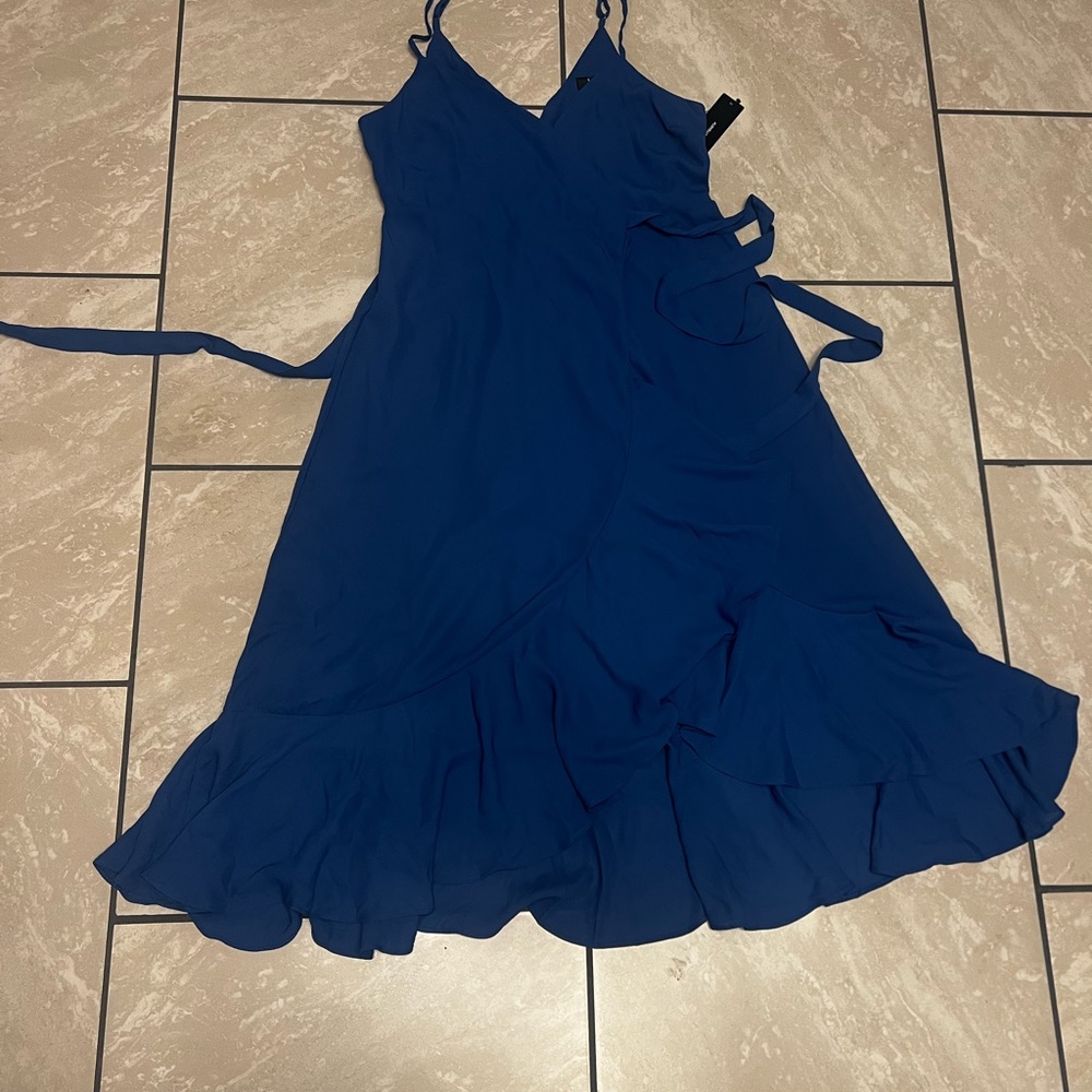 Lulus Manhattan Moment Ruffled Midi Wrap Dress Size S Blue Straps Sleeveless nwt - Picture 10 of 14